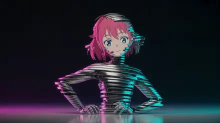 4K Ultra HD anime figure with vibrant pink hair and blue eyes, featuring a glitch effect on a dark background, showcased as a PC desktop wallpaper.