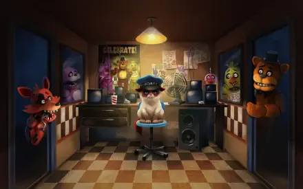HD desktop wallpaper featuring a grumpy cat seated in the office from the video game Five Nights at Freddy's, surrounded by animatronic characters.