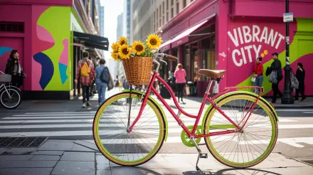 4K Ultra HD wallpaper of a vibrant street scene featuring a colorful bike with sunflowers in its basket against bright, artistic urban walls and pedestrians.