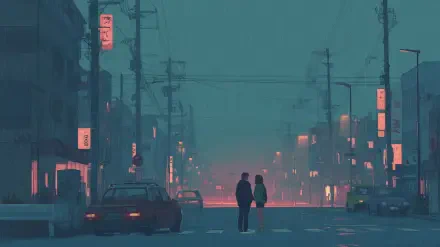 HD retro anime wallpaper depicting a couple standing in the rain on a city street illuminated by glowing neon signs.