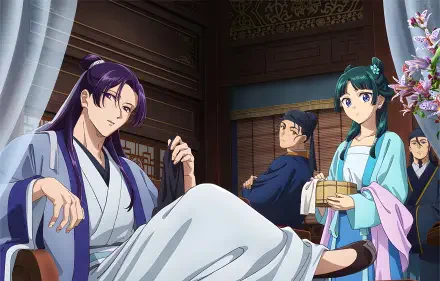 Anime-style 4K Ultra HD wallpaper featuring Jinshi and Maomao from The Apothecary Diaries in a traditional interior setting with detailed character designs and vibrant colors.