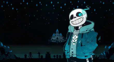 HD PC desktop wallpaper featuring Sans from the video game Undertale, standing smiling against a starry night sky with a castle silhouette in the background.