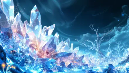 4K Ultra HD PC desktop wallpaper featuring luminous, crystalline formations glowing against a dark, mystical forest backdrop under a swirling night sky.