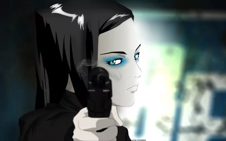 A striking HD anime wallpaper featuring a character from Ergo Proxy, poised with a gun, showcasing intense blue eyes and a dramatic expression against a blurred background.