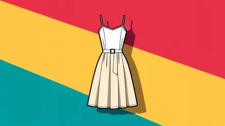 Illustration of a white sundress with a belt against a vibrant red, yellow, and teal striped background. 4K Ultra HD PC desktop wallpaper and background.