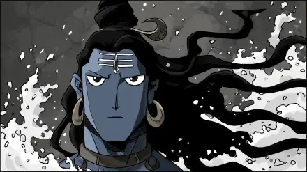 HD PC desktop wallpaper featuring a stylized, intense depiction of Shiva, also known as Mahadev, with flowing hair and traditional markings.