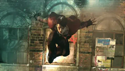 HD PC desktop wallpaper featuring Dante from the Devil May Cry video game series, captured mid-action against an urban brick wall backdrop.