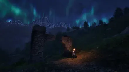 HD PC desktop wallpaper showcasing a nighttime scene from The Elder Scrolls IV: Oblivion, featuring a character with a torch in a mystical gaming environment under northern lights.