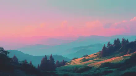 A serene summer forest landscape in pastel hues, blending soft pink skies with rolling hills and dense tree clusters, captured in HD for a calming desktop wallpaper.