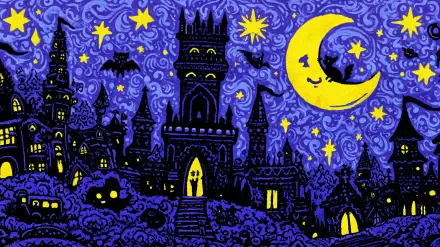 Whimsical dark art Halloween scene with a spooky castle, glowing windows, bats, a crescent moon, and swirling starry sky, designed as an HD PC desktop wallpaper.