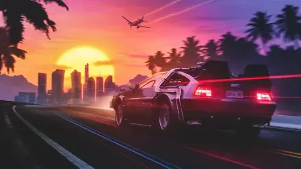 vehicle DeLorean Back To The Future sunset synthwave HD Desktop Wallpaper | Background Image