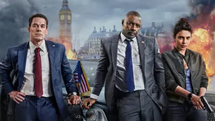 4K Ultra HD wallpaper featuring John Cena, Idris Elba, and Priyanka Chopra from the movie Heads of State, set against a dramatic London backdrop.