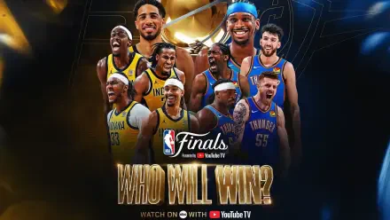 HD desktop wallpaper featuring NBA Finals showdown between Indiana Pacers and Oklahoma City Thunder players with Who Will Win? text and NBA Finals branding.