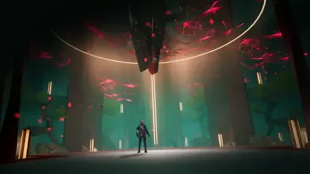 HD PC desktop wallpaper from the video game Etheria: Restart, featuring a lone figure standing beneath a massive hovering structure bathed in glowing red and green light.