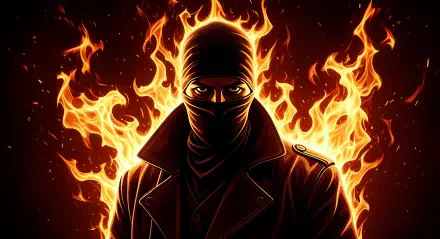 4K Ultra HD PC wallpaper depicting a mysterious thief in dark clothing with a blazing fire halo in the background, emphasizing intensity and stealth.
