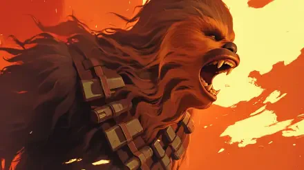 HD anime-style Star Wars wallpaper featuring a roaring Chewbacca against a fiery sunset background, designed for PC desktop use.