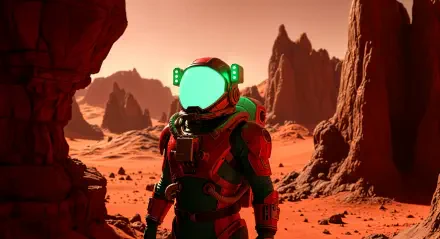 4K Ultra HD desktop wallpaper featuring an astronaut standing on a rocky, reddish alien landscape with rugged cliffs under a warm, glowing sky.
