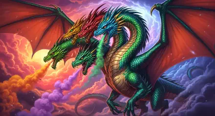 A vibrant 4K Ultra HD PC desktop wallpaper of a fierce multi-headed dragon soaring through a stormy sky with red wings and colorful scales.