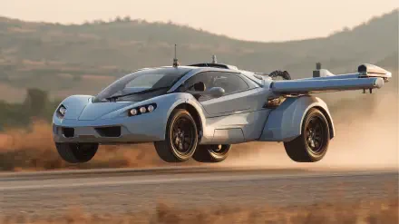 Futuristic flying car soaring low over a dusty landscape, captured in sharp HD detail as a dynamic PC desktop wallpaper background.