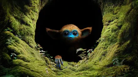 A small creature with blue face and large ears peeks from a moss-covered cave entrance in a 4K Ultra HD desktop wallpaper from the movie The Legend of Ochi.