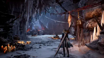 HD PC desktop wallpaper from the video game Vindictus: Defying Fate, depicting a character with a large sword exploring a dark, candle-lit cave.