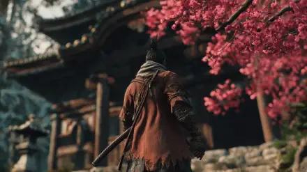 HD PC wallpaper of Sekiro from Sekiro: Shadows Die Twice by FromSoftware, standing beneath vibrant cherry blossoms near a traditional Japanese temple.