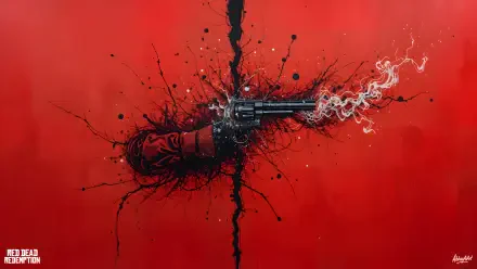 8K Ultra HD PC wallpaper: a smoking revolver emerging from a black crack across a blood-red, splattered background — Red Dead Redemption, Red Dead Redemption 2