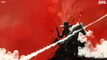Red Dead Redemption, Red Dead Redemption 2 8K Ultra HD PC desktop wallpaper: silhouetted cowboy on horseback in a red storm with lightning and dramatic ink-splatter effects.