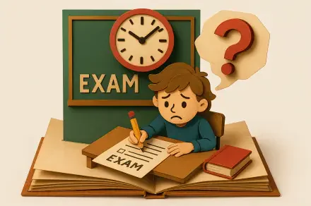 4K Ultra HD desktop wallpaper depicting a worried student taking an exam under a clock, with a question mark symbolizing uncertainty.