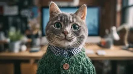 A close-up of a cat wearing a green knit sweater, captured in sharp detail as a 4K Ultra HD PC desktop wallpaper and background.