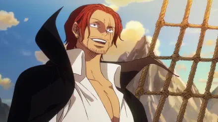 HD anime wallpaper featuring Shanks from One Piece with a confident smile aboard a ship under a bright sky.