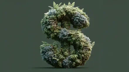 3D dollar sign covered in green moss and foliage, rendered as a 4K Ultra HD PC desktop wallpaper with a dark green background.