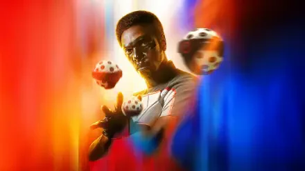 5K Ultra HD PC desktop wallpaper and background of Superman (2025): stylized Superman in sunglasses, glowing dice orbit his hands amid blurred red and blue motion streaks.