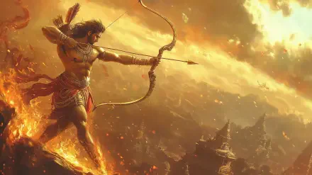 HD desktop wallpaper depicting Lord Ram, the Hindu god and archer, drawing his bow with the sun illuminating the dramatic sky in the background.