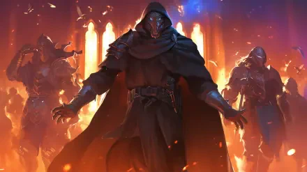 Anime-style horror plague doctor with glowing eyes stands menacingly in a fiery, dark environment, creating a striking HD PC desktop wallpaper and background.