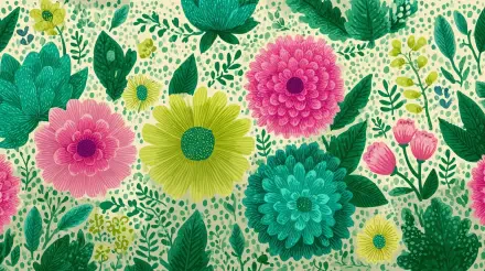 A vibrant spring pattern featuring pink, yellow, and teal flowers with green leaves, rendered in 4K Ultra HD as a PC desktop wallpaper and background.