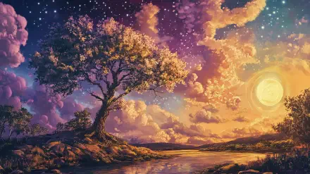 Artistic HD desktop wallpaper depicting a vibrant Summer Solstice landscape with a lone tree by a reflective body of water under a starry, colorful sky at sunset.