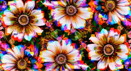 Vibrant flower pattern with a glitch art effect, rendered in 4K Ultra HD for a dynamic PC desktop wallpaper and background.