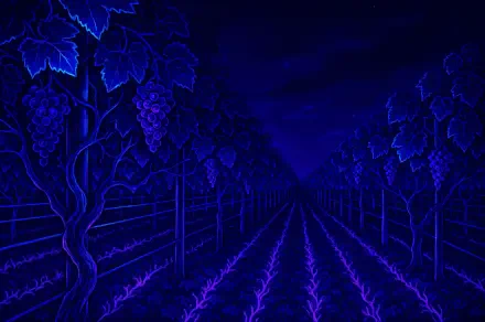 4K Ultra HD desktop wallpaper featuring a vineyard at night, illuminated in deep blue and purple hues creating a serene and mystical atmosphere.