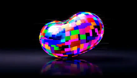 4K Ultra HD PC desktop wallpaper featuring a vibrant, multicolored pixelated jelly bean against a dark reflective background.