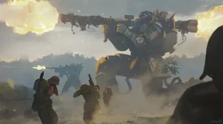 HD anime desktop wallpaper featuring a war scene from Mobile Suit Gundam, with soldiers advancing amid explosions and a towering Gundam mech in the background.