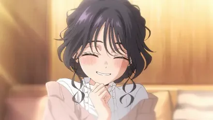 Anime HD desktop wallpaper featuring Kaoruko Waguri from The Fragrant Flower Blooms With Dignity, smiling warmly with closed eyes against a softly lit background.