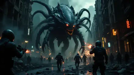  Apocalyptic Showdown: Soldiers vs. Alien Monster in a Ruined City