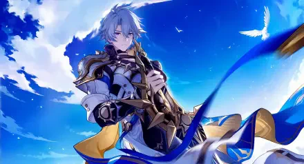 HD PC desktop wallpaper featuring Phainon from the video game Honkai: Star Rail, set against a vivid blue sky with white clouds and birds in flight.