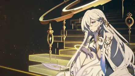 4K Ultra HD wallpaper featuring Istaroth from Genshin Impact, set against a glowing, ornate staircase in a mystical, dark environment.