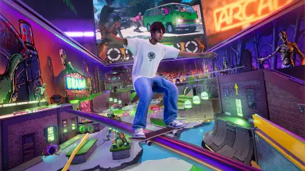 4K Ultra HD wallpaper featuring a skateboarding trick from Tony Hawk's Pro Skater 3 + 4 in a vibrant, neon-lit video game arcade environment.