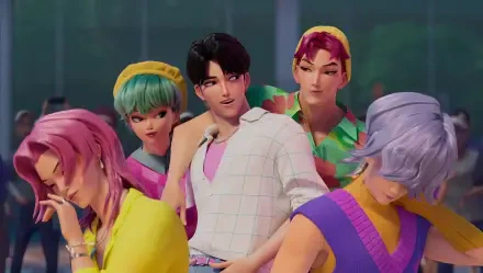HD PC desktop wallpaper featuring animated characters from the movie KPop Demon Hunters with the Saja Boys in vibrant, stylish outfits and dynamic poses.