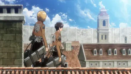 HD anime desktop wallpaper featuring Armin Arlert from Attack on Titan overlooking the city with fellow soldier under a bright blue sky.