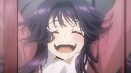 HD anime desktop wallpaper featuring Kaoruko Waguri from The Fragrant Flower Blooms With Dignity, smiling joyfully with her eyes closed and dark purple hair flowing.