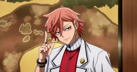 HD anime wallpaper featuring a confident character from Tougen Anki with red hair, wearing a white coat and red shirt, set against a warm, blurred background.